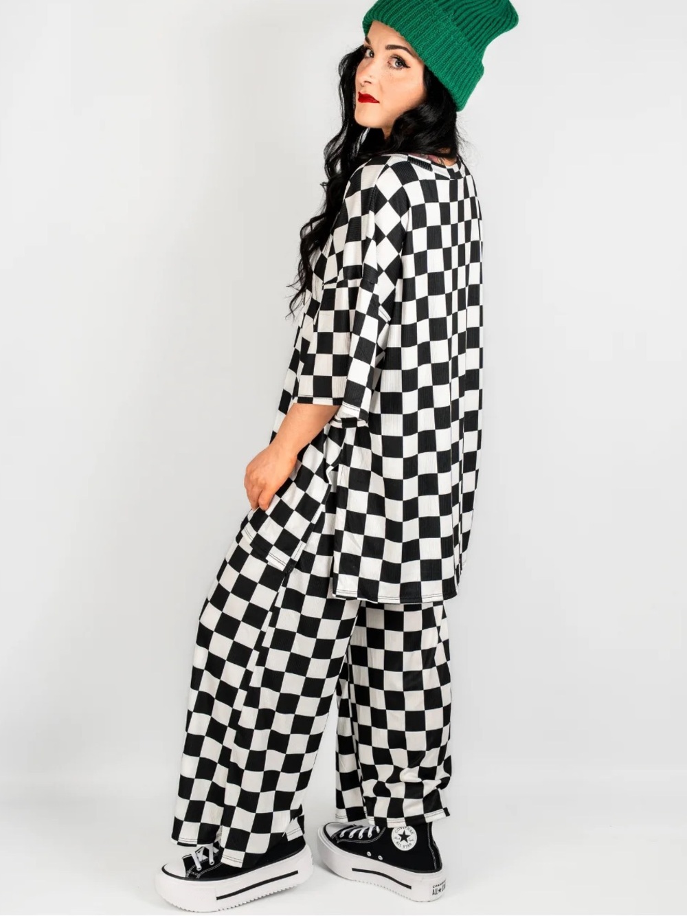 Dressed in LALA Lex Ribbed Checkerboard Playsuit in Black and White Size Small